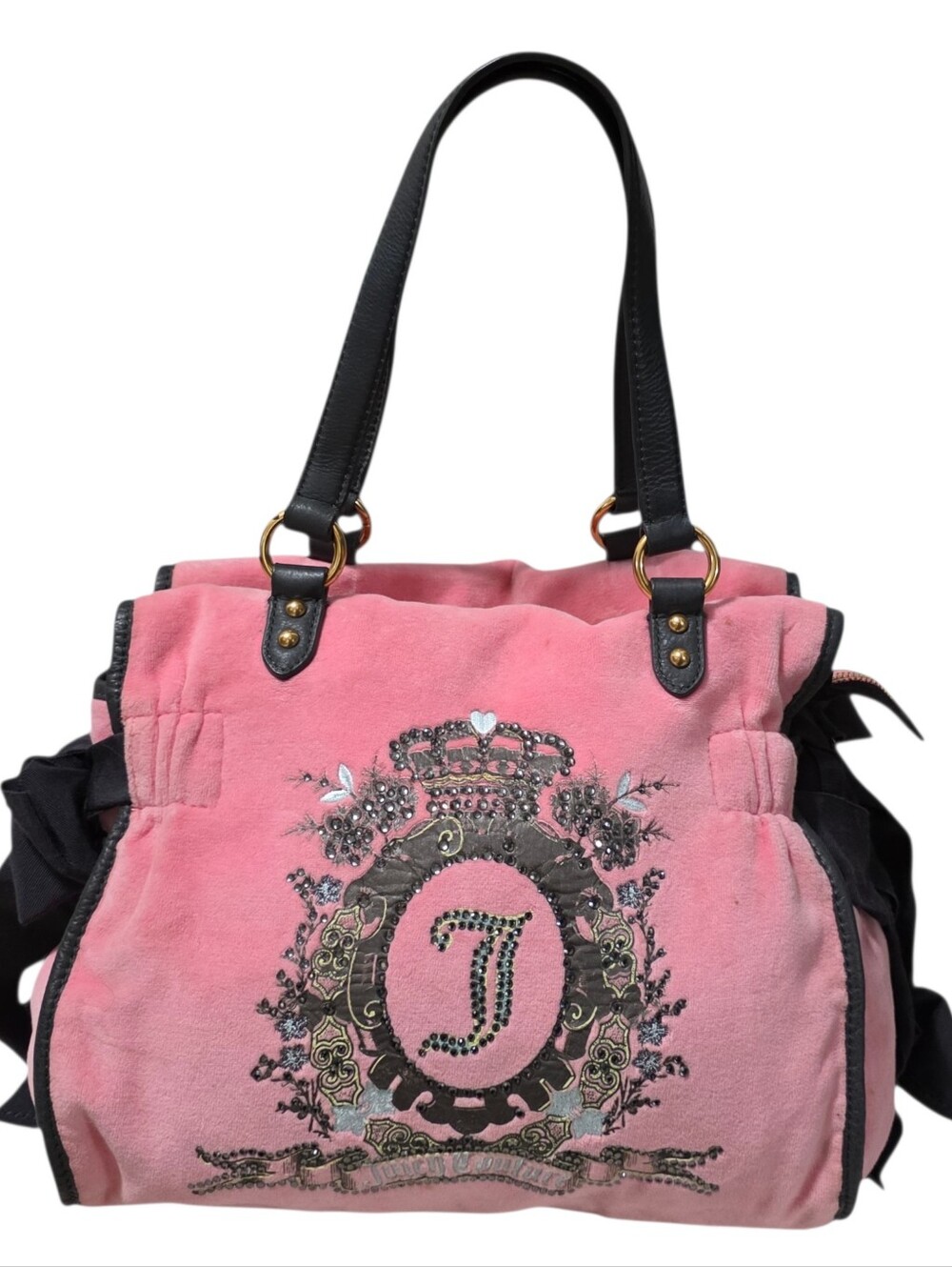 Juicy Couture vintage bejeweled pink canvas tote bag with side bow detail